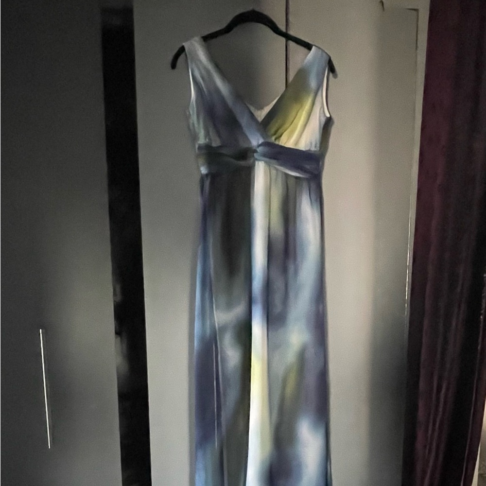 Chico's Blue and Yellow Watercolor V-Neck Maxi Dress